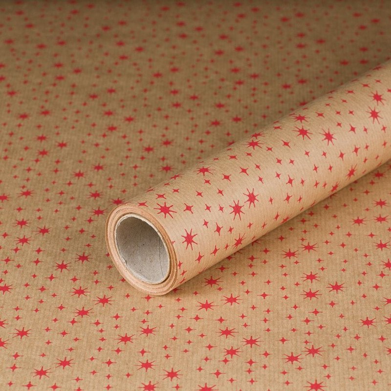 Weihnachtspapier Rote Sterne, Geschenkpapier, Kraftpapier, gerippt, Rolle 0,7 x 10 m