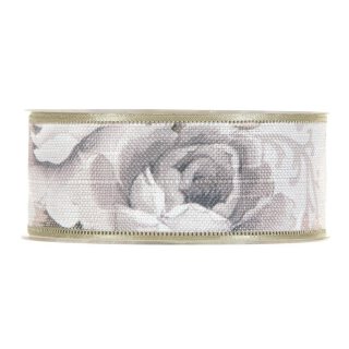Dekoband Blüten Grau, 40 mm x 15 m, Geschenkband, Baumwollband