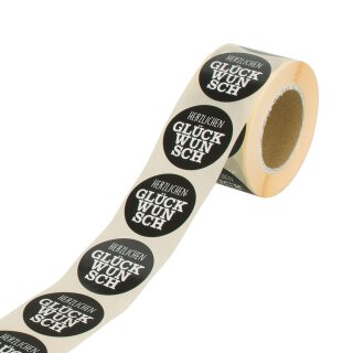 Sticker  "Herzlichen Glückwunsch", 35 mm, rund, schwarz-weiß, Papier-Aufkleber - 500 Stück im Spender