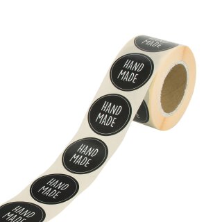 Sticker "HAND MADE", 35 mm round, black and white, paper sticker - 500 pieces in dispenser