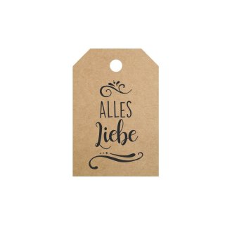 Geschenkanhänger, Hang tag »Alles Liebe«, Hängeetiketten 35 x 50 mm, braun - 50 Stück/Pack
