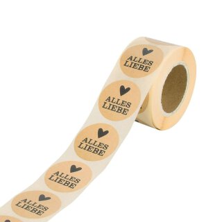 Sticker "Alles Liebe" mit Herz, 35 mm rund, braun, Kraftpapier-Optik, Aufkleber - 500 Stück im Spender
