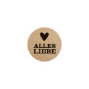Sticker "Alles Liebe", with heart,  35 mm round, brown and white - 500 pieces in dispenser