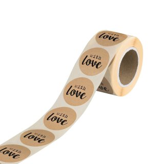Sticker "With Love", 35 mm rund, braun, Kraftpapier-Optik, Aufkleber - 500 Stück im Spender
