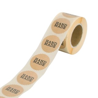 Sticker "Handmade", 35 mm rund, braun, Papieraufkleber - 500 Stück im Spender
