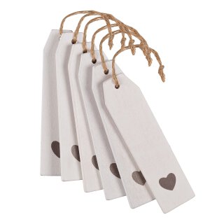 6 wooden hang tags, white with heart, 12 x 2,8 cm