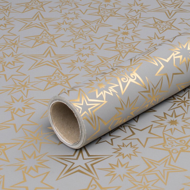 Weihnachtspapier Grau und goldene Sterne, Geschenkpapier, glatt, Rolle 0,7 x 10 m