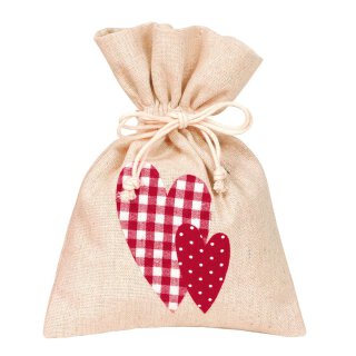 Gift bag with hearts and drawstring, 20 x 15 cm, natural and red