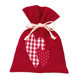 Gift bag with hearts and drawstring, 20 x 15 cm, red