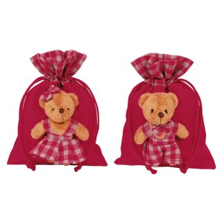 2 gift bags for children, with teddy bears and drawstring, 13 x 18 cm, red