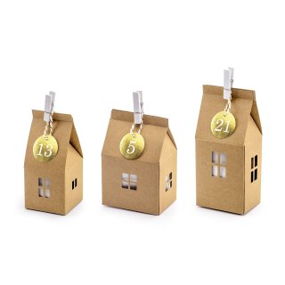 Advent calendar set of 24 Kraft cardboard houses, numbers, pegs and cotton cord