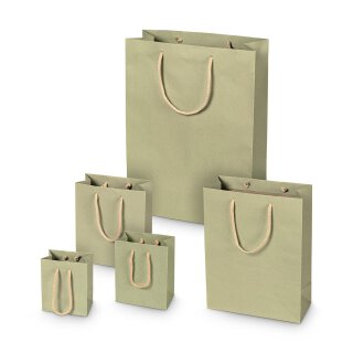 Tragetasche Salbeigrün, verschiedene Größen, Kraftpapier, m. Baumwollhenkel - 12 Stück/Pack