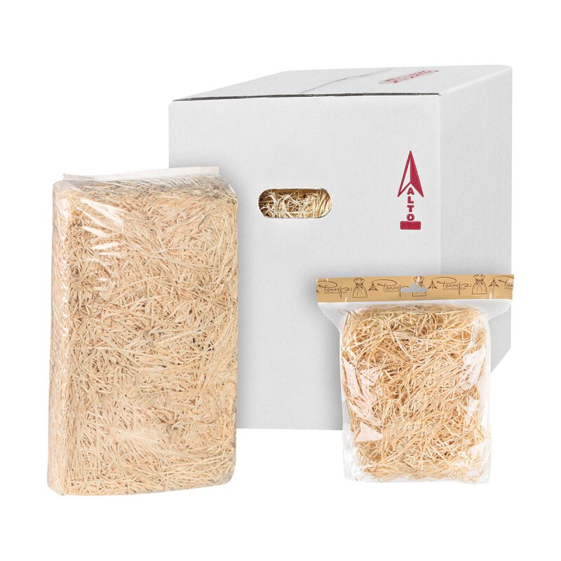 wood wool, packed, 100 g, 1 kg or 5 kg, for filling, padding, stuffing, decorating