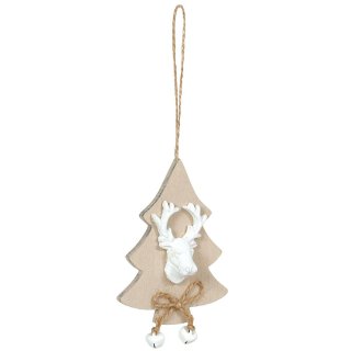 Wooden tag fir tree with stag, 7,5 x 10 cm, wood with jute cord