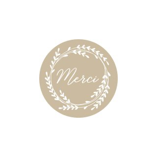 Sticker "Merci", 35 mm round, Kraft paper, brown,  adhesive labels