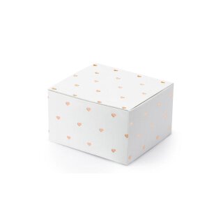 Kleine Schachtel 6 x 5,5 x 3,5 cm, Weiß mit Kupferprägung Herzen, für Gastgeschenk - 6 Schachteln/Set