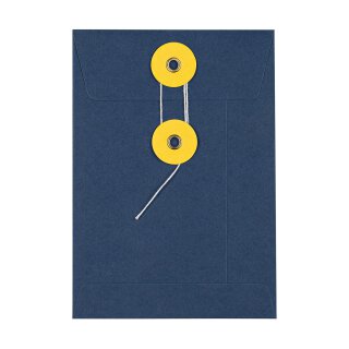 Umschlag C6, 114 x 162 mm, Marineblau und Gelb, Bindfadenverschluss, glatt, Kraftpapier