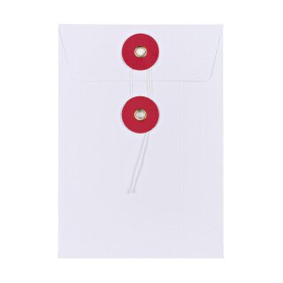 Umschlag C6, 114 x 162 mm, Weiß und Rot, Bindfadenverschluss, glatt, Kraftpapier