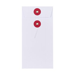 Umschlag DIN lang, 110 x 220 mm, Weiß und Rot, Bindfadenverschluss, glatt, Kraftpapier
