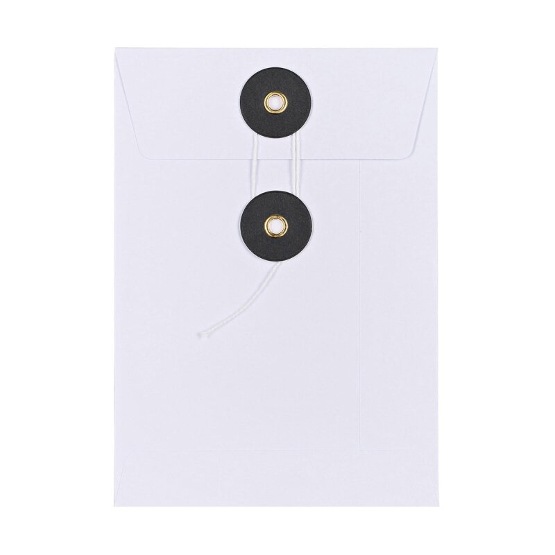 Umschlag C6, 114 x 162 mm, Weiß und Schwarz, Bindfadenverschluss, glatt, Kraftpapier