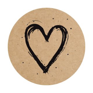 Sticker "Heart", 120 mm round, kraft paper look, brown, paper stickers - 25 pieces