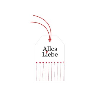 Geschenkanhänger, Hang tag »Alles Liebe«, Hängeetiketten 52 x 80 mm, weiß, mit Band -12 Stück/Pack
