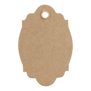 Hang tag 28, oval label, 60 x 40 mm, kraft cardboard, eyelet