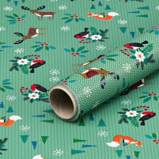 Weihnachtspapier Waldtiere, grünes Geschenkpapier, glatt,...