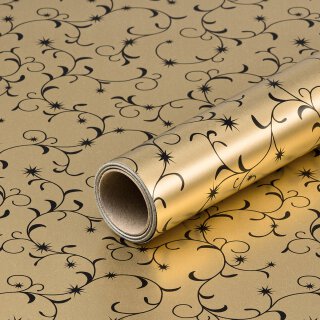 Christmas paper gold with black arabesques, gift wrapping paper, roll 0.7 x 10 m