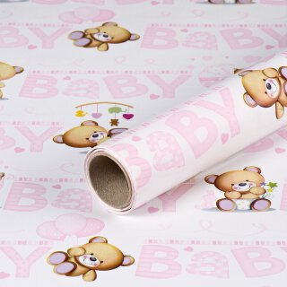 Gift wrapping paper pink with teddies, birthday paper, smooth - 1 roll 0.7 x 10 m