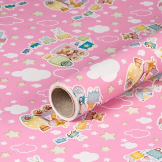 Gift wrapping paper pink w. train, birthday paper, smooth - 1 roll 0.7 x 10 m