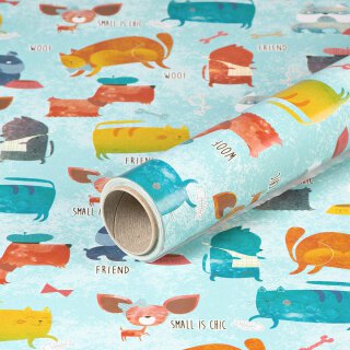 Gift wrapping paper Funny dogs and cats, light blue, birthday paper, smooth - 1 roll 0,7 x 10 m