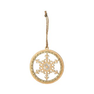 Christmas tag snowflake gold, Ø 7.5 cm, wooden gift tag with jute cord