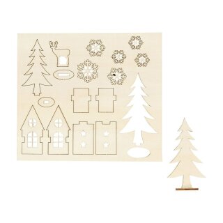 Wooden figures house and trees to paint and put together