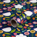 Gift wrapping paper flowers w. greeting fields, blue, smooth, 0.7 x 10 m