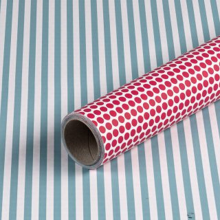 Gift wrapping paper light blue striped and red dotted, smooth, 0,7 x 10 m
