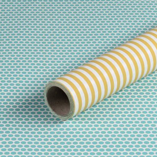 Gift wrapping paper yellow striped and turquoise dotted, smooth, 0,7 x 10 m