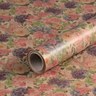 Gift wrapping paper with pink and purple flowers, ribbed, 0,7 x 10 m