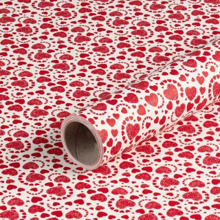 Gift wrapping paper white with red hearts, smooth, 0,7 x 10 m