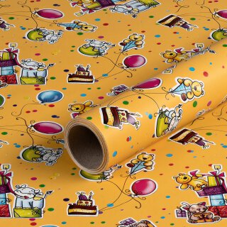 Geschenkpapier Kinderparty, Gelb, Geburtstagspapier, 0,70 x 10 m