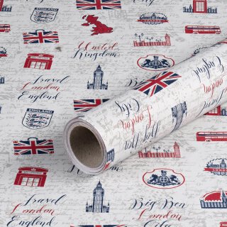 Wrapping Paper "London" Grey, Red and Blue, Birthday Paper, Smooth Roll 0.70 x 10 m