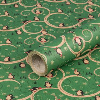 Wrapping Paper Penguins, Green, Kraft Paper, Smooth, Roll 0.7 x 10 m