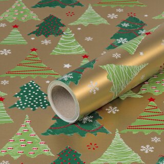 Geschenkpapier Weihnachtsbäume Grün und Gold, Weihnachtspapier, 0,70 x 10 m