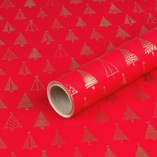 Wrapping Paper, Red with Golden Firs, Smooth, 0.7 x 10 m