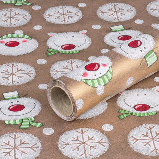 Wrapping Paper Snowman and Polar Bear, Gold - 1 Roll 0,7 x 10 m