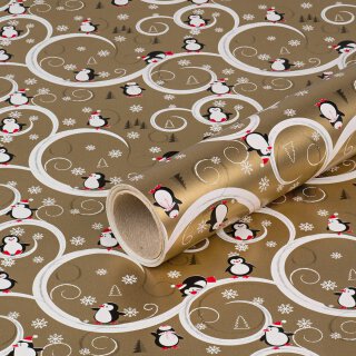 Wrapping Paper Penguins, Gold, Christmas Paper, 0,70 x 10 m