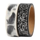 Paper tape feathers and crystals, black-silver, Washi tape 2 rolls á 4 m