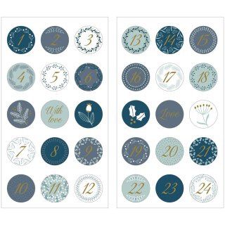 Sticker Zahlen 1 bis 24 und Ornamente, Petrol und Gold, Ø 2,5 cm Set/60 Stück