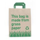 Grass paper carrier bag with green print, 22 x 28 x 10 cm, 90 g/m², smooth, green flat handle