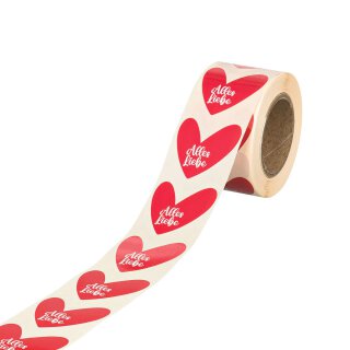 Sticker Herzform "Alles Liebe", 35 mm, Rot mit Text, Papier-Aufkleber, 500 Stück im Spender